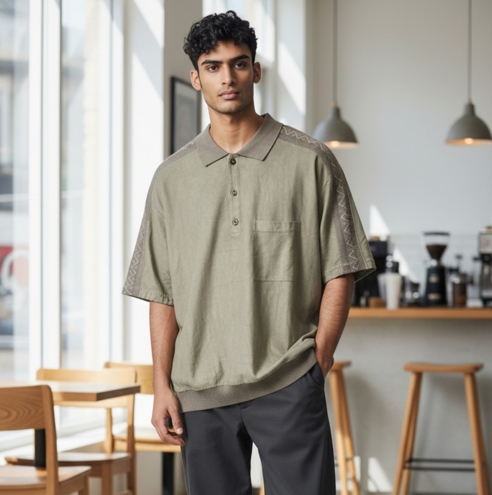 Vittorio Rocchetti Men's L Olive Green  Knit Geometric Button-Up Short Sleeve